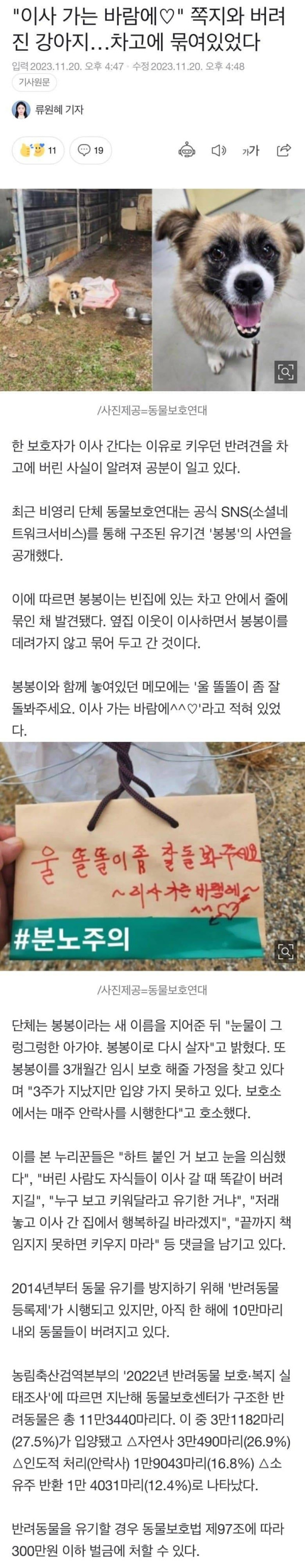 이사 가는 바람에 반려견 버린 보호자